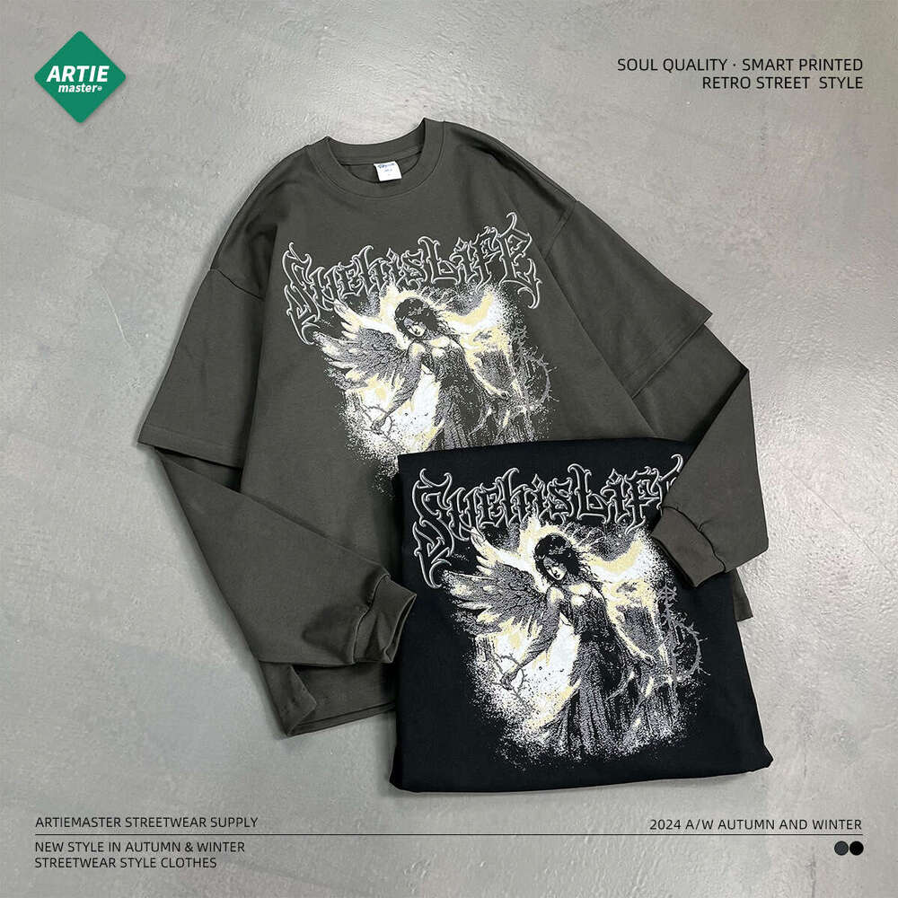 2024 Autumn New Trendy Brand Digital Direct Spray Fake Two Piece Printed Long Sleeve for Loose Bottom Men's T-shirt