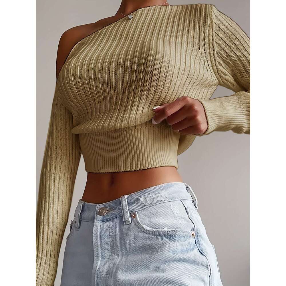 Short Sweater Women's Casual Knitted One Off Shoulder Pullover Long Sleeve Sweaters New Outerwears Autumn Slim Female Clothes