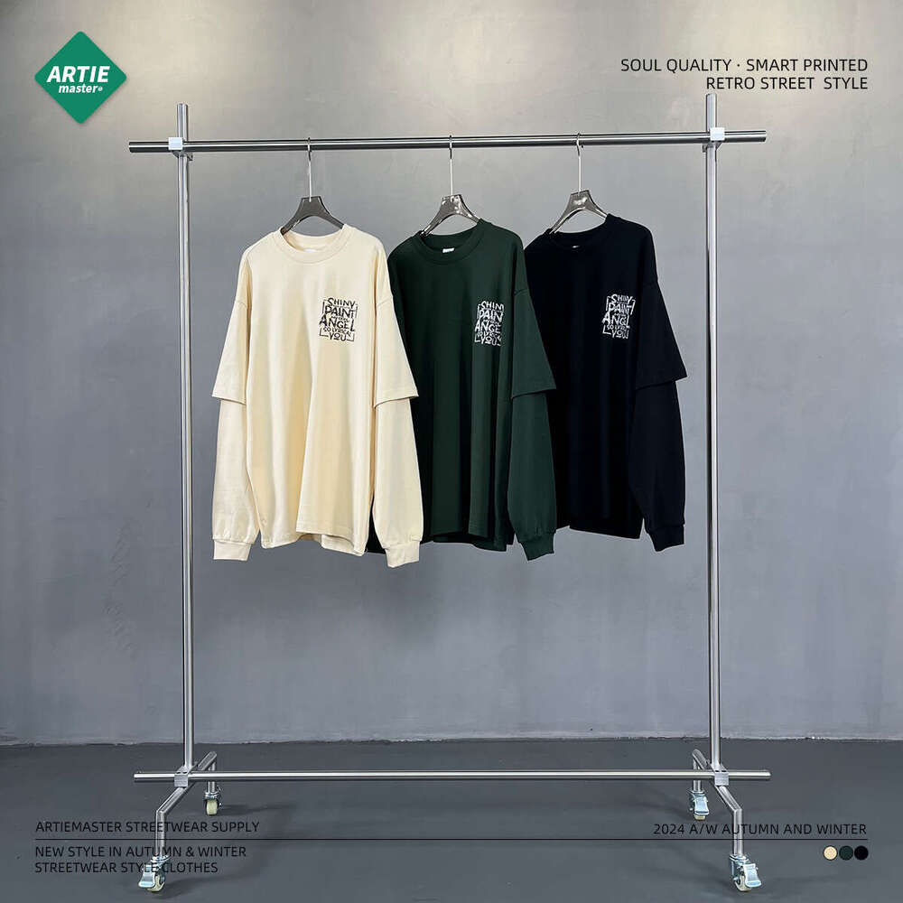 2024 Autumn New Product Oversize Printed 305g Fake Two Piece Splicing Long Sleeve T-shirt Men's Street Trendy American Round Neck T