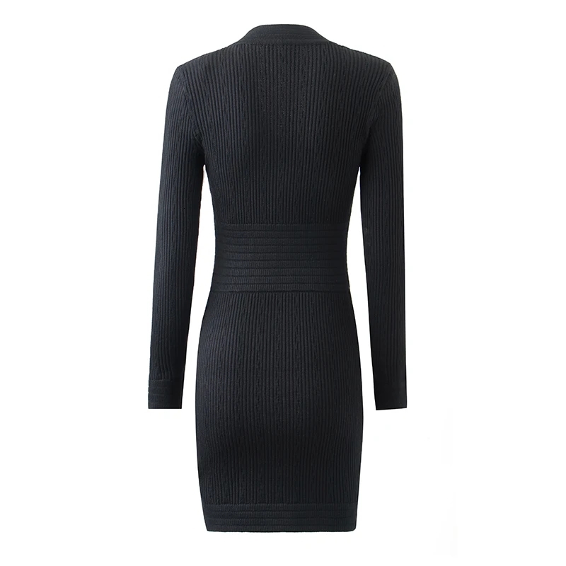 Harleyfashion New Autumn Designing Urious Long Sleeve V-Neck 4 Colors Sheath Casual Knitted Mini Dress