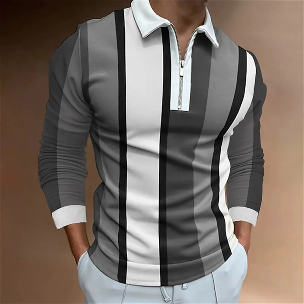 2024 Golf Wear Men Striped Print Microelastic Lapel Polo Shirts Top Porosity Fashion Zipper Long Sleeve T Shirt Clothing 241202