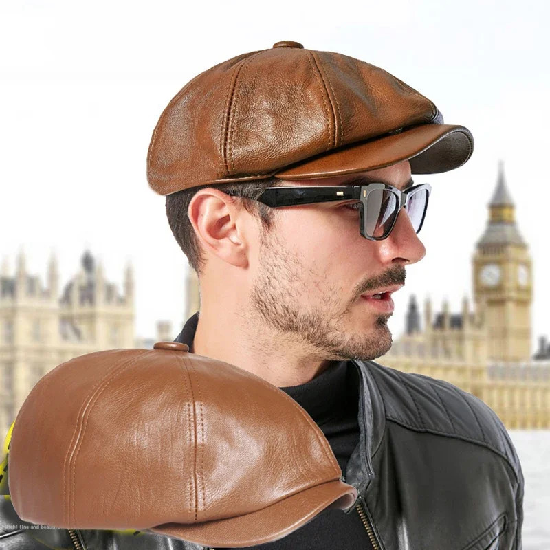 Spring autumn British retro mens leather flat octagonal hat outdoor casual beret PU s boys hat mens painter beret 241209