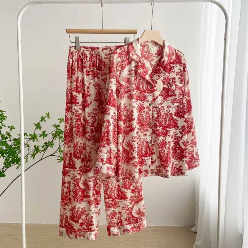 2024 Autumn New Ice Silk Women Pajama Lapel Button Cardigan Outfits for Women 2 Piece Set Fashion Printing Set Clothes for WomenC241209C250109
