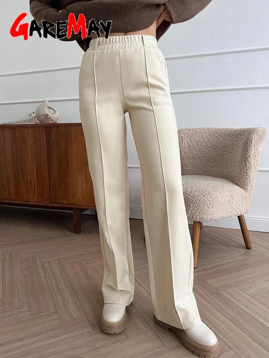 Womens Winter Pants Thick Warm Loose Classic Long Wide Leg Trousers Thermal Brown Beige Wool for Women 2024 241203