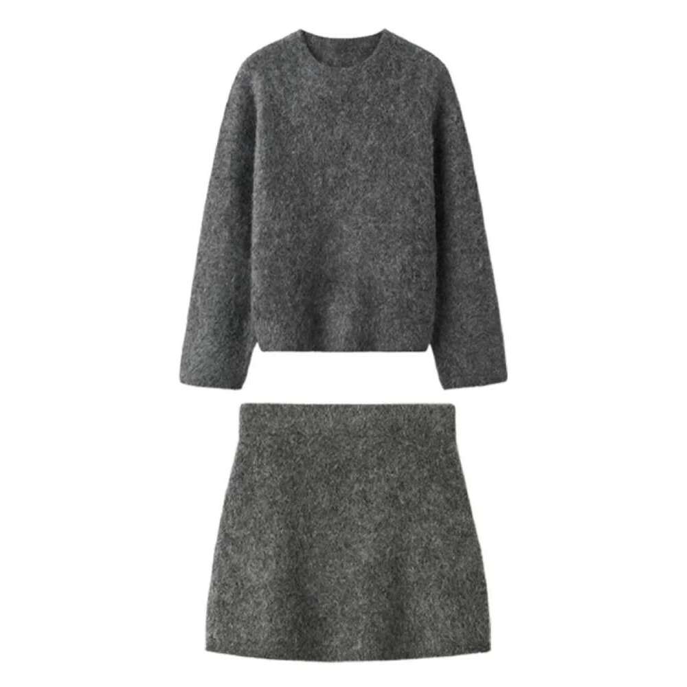 Women Fashion Wool Half Sleeve Slim Skirts Suits Female Button Knit Top Suit New Lady Commute Casual Knitted Outfits
