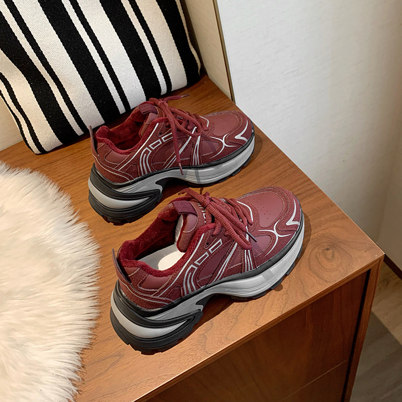 Women Sports Shoes:Thick Sole New Version Fashion Design Popular Casual Running Shoes Trendy Sneakers,Red/Coffee,Free shipping