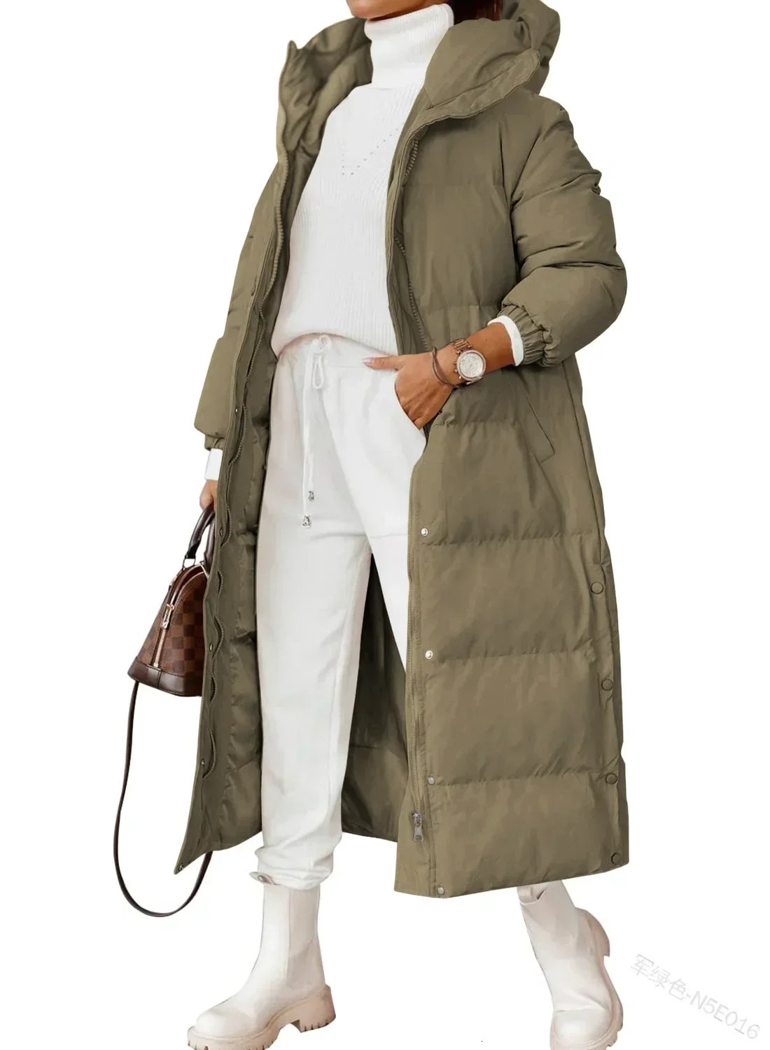 Womens Parkas solid color hooded long sleeved cotton jacket fashionable zipper pocket 241209