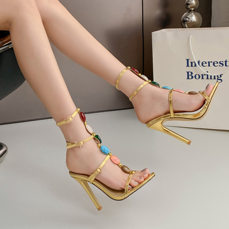 High Women's Spring And Summer 2024 Sexy Pearl T-Belt Slim Heels Sandals
