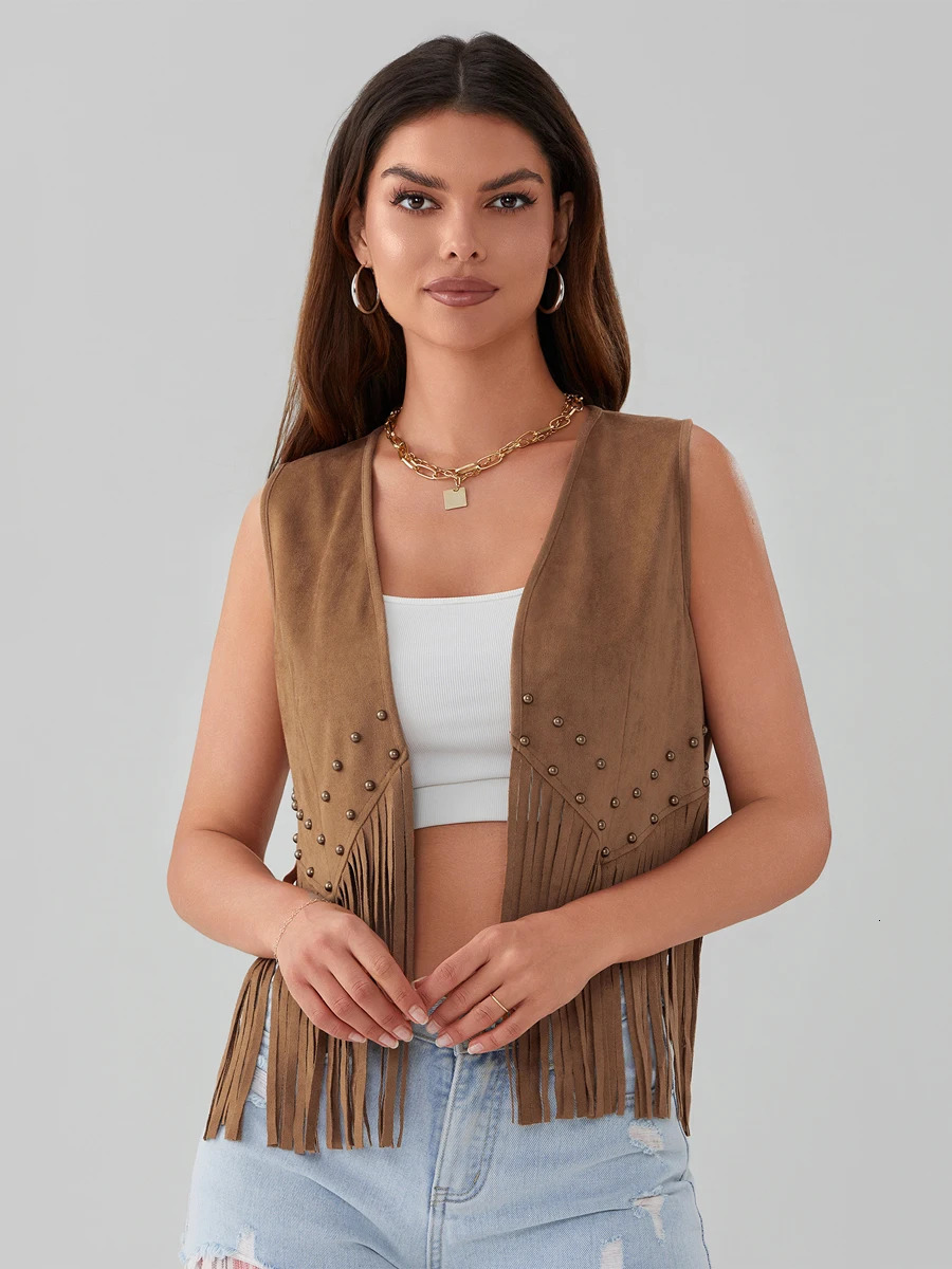 HzDazrl Women Fringe Vest Open Front Rivets Tassel Sleeveless Coat Vintage Cowgirl Hippie Casual Jacket Outwear 241205