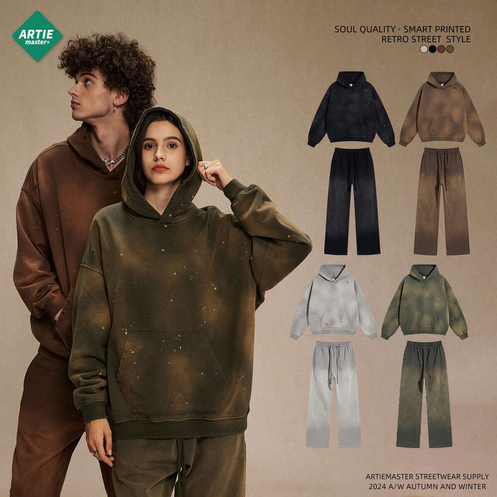 2024 autumn winter 450g looped distressed men's and women's street fashion brand set retro oversized loose washable hoodie