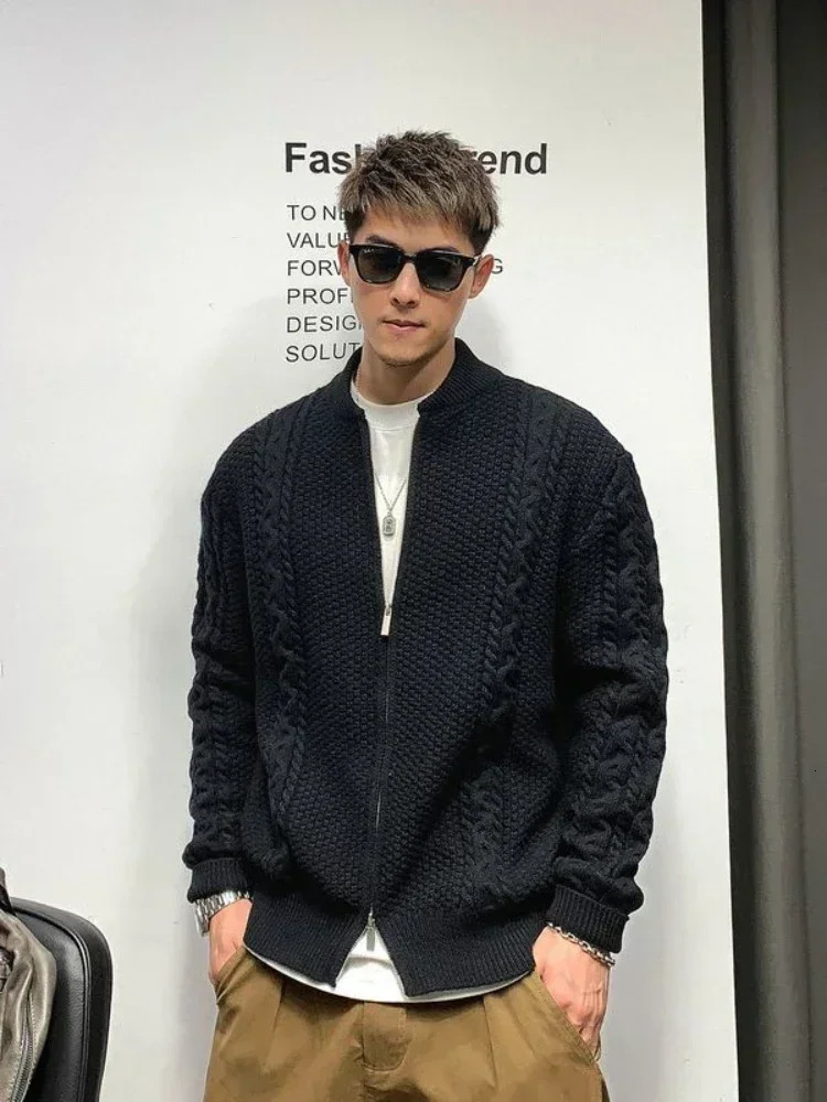 Mens knitted sweater jacket black zipper mens clothing plain cardigan solid color zipper collar Korean style knitted sweater 241205