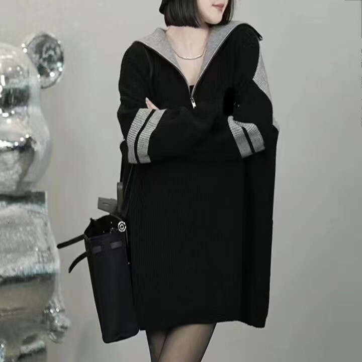 Polo collar striped sweater for women in winter, loose and lazy style design, zipper knit sweater, trendy women's top