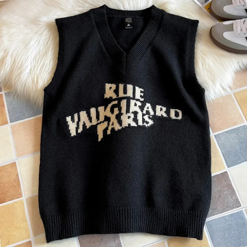 Vneck Sweater Vest Mens Fall Winter Trend Casual College Style A Base Embroidered Letter Comfortable 241209