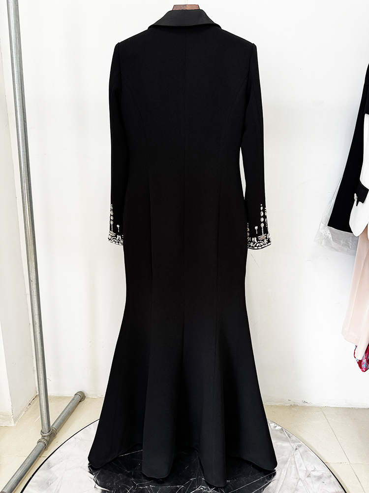 HIGH STREET Newest 2024 Designer Fashion Women's Sleeve Notched Collar Rhie Dias Beading Maxi Long Dress