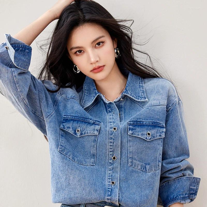 Women's Blouses 2024 Autumn Harajuku Retro Denim Shirt Women Chic Design Long Sleeved Shirts Fashion Versatile Jean Blouse Blusas