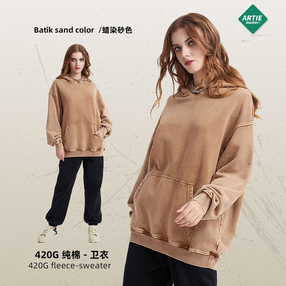 Heavy weight 420G wax printed vintage hooded sweatshirt, loose and washable men's trendy brand new sweatshirt