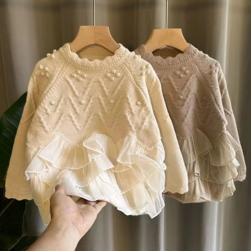 Girls floral sweaters childrens lace style childrens clothing girls thick knitted sweaters childrens clothing 241210