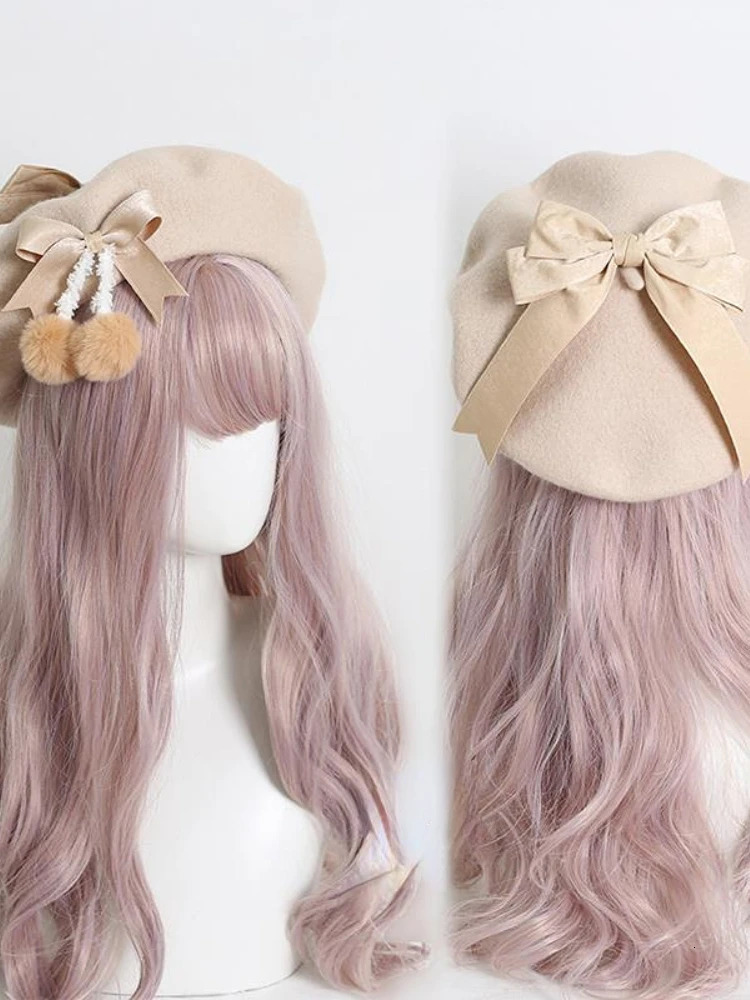 Lolita Sweet Fashion Felt Beret Womens Teen Girls Cute Wool Kawaii Bow Winter Beanie Hat Autumn Retro Warm French Artist Hat 241209