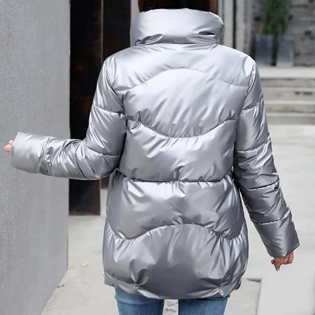 Winter womens coat solid color long sleeved side zipper high and low hem jacket bright surface stand up collar inflatable 241209