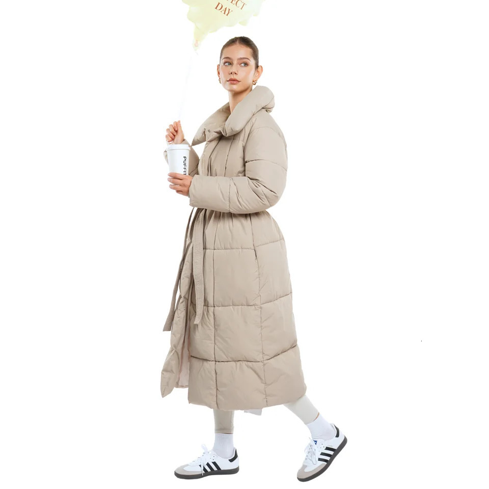 Womens winter inflatable jacket long belt button outerwear splash proof waterproof windproof corrosionresistant 241209