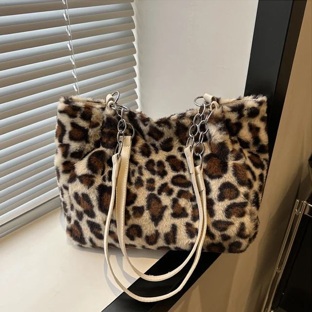 National Style Simple Women Leopard Tote Lady Fluffy Shoulder Chain Large Capacity Commuter Handle Bag Faux Suede