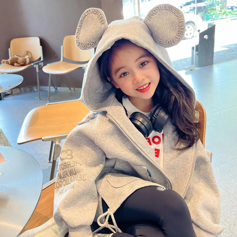 Girls jacket hooded sweatshirt autumn 3D ear hooded jacket childrens zipper sports jacket childrens clothing 241210
