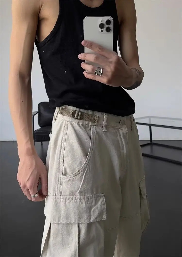 Autumn beige and white overalls loose straight trousers men casual daily apricot 241209