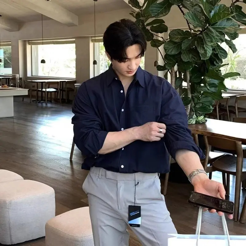 Product Style Mens Shirt Navy Blue Simple Korean Fashion Loose Japanese Harajuku Long Sleeve Cotton Business Intelligence Casual Handsome 241209