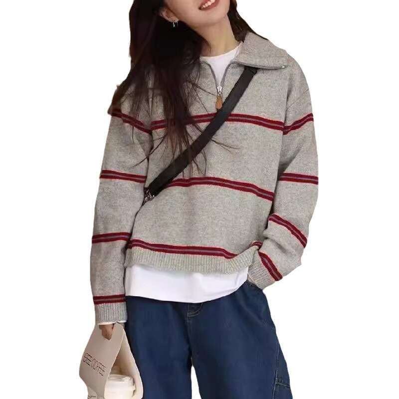 Autumn and Winter New Korean Retro Soft Sticky Stripe Hooded Knitted Top for Women, Half Zipper Large Version Sweater, Women's Outerwear