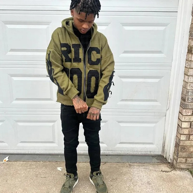 Zipper Hoodie Vintage Letter Patch Pattern Embroidery Longsleeved Hooded Jacket Top Kpop Street Fashion Sweatshirt Women Men 241209