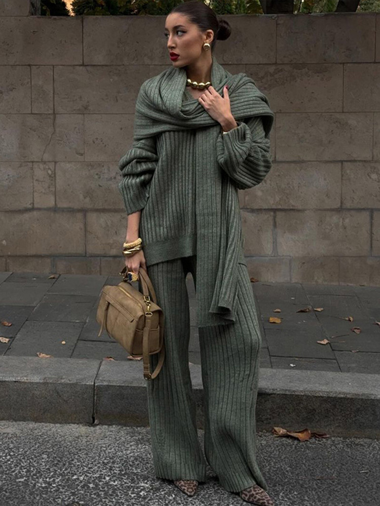 Knitted Pants Skirt Suit Women Fashion Scraf Collar Long Sleeve Lady Two Piece Set New Antumn High Street Sweater Pullover