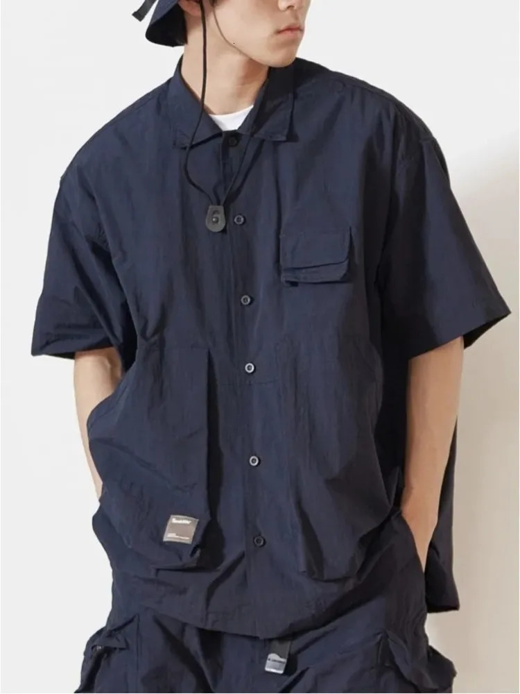 Cityboy Pocket Cargo Shirt Mens 2023 Summer Hunting Style Solid Color Collar Single Chest Short Sleeve Loose 241209