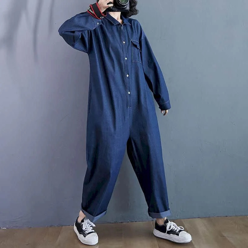 fashion denim jumpsuit womens blue long sleeved Playsuits high waisted plus size top casual onepiece clothing 241209