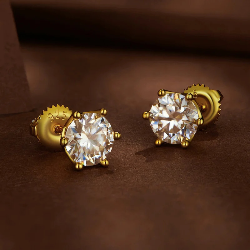 U Gold Stud Earrings Screw Back Gemstone Diamond 6 Prongs D color Solitaire for Women Wedding Gift 241125
