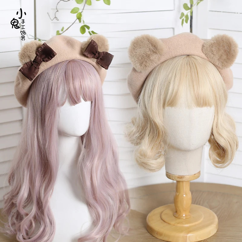 Japanese Cute Bear Ears Beret Female Cute Girl Wool Butterfly Painting Hat Warm Winter Hat 241209