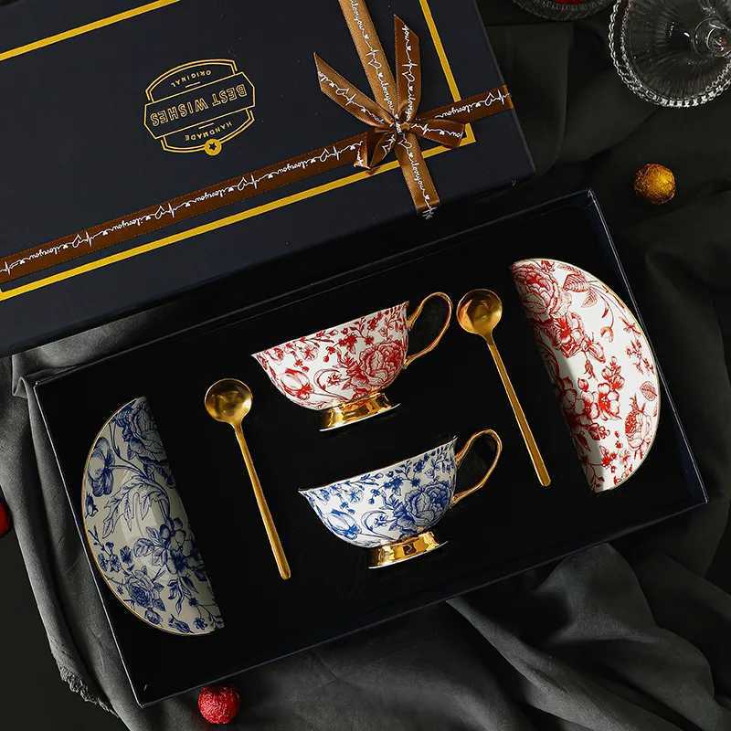 European style couple coffee cup and plate set bone china high-end afternoon tea set ceramic couple gift box European Cup W241210