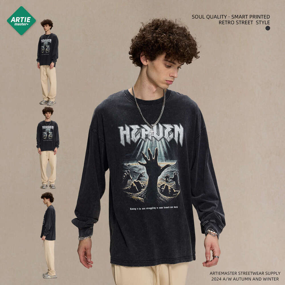 2024 Autumn 250g Wash Water Grinding Edge Round Neck Long Sleeve T-shirt for Men's Street Trendy Brand Retro No Touch Printed T