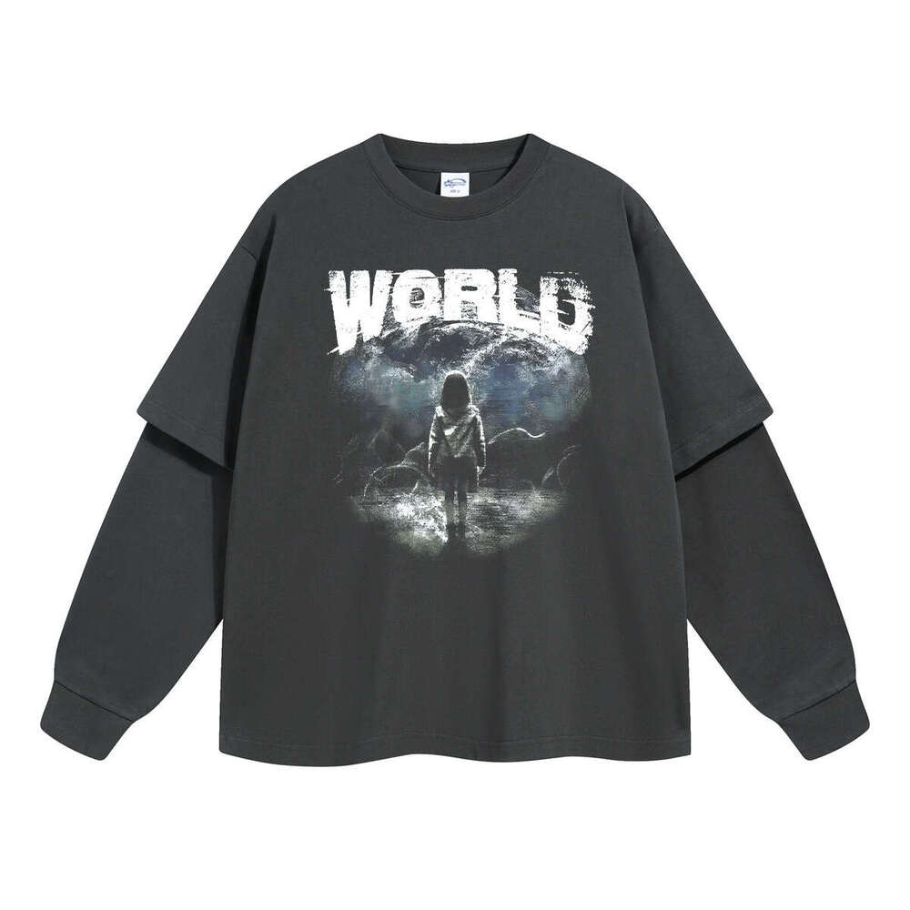 2024 New Trendy Brand Fake Two Piece Digital Printed Long Sleeve T-shirt with No Touch, Men's Loose Casual Bottom Shirt