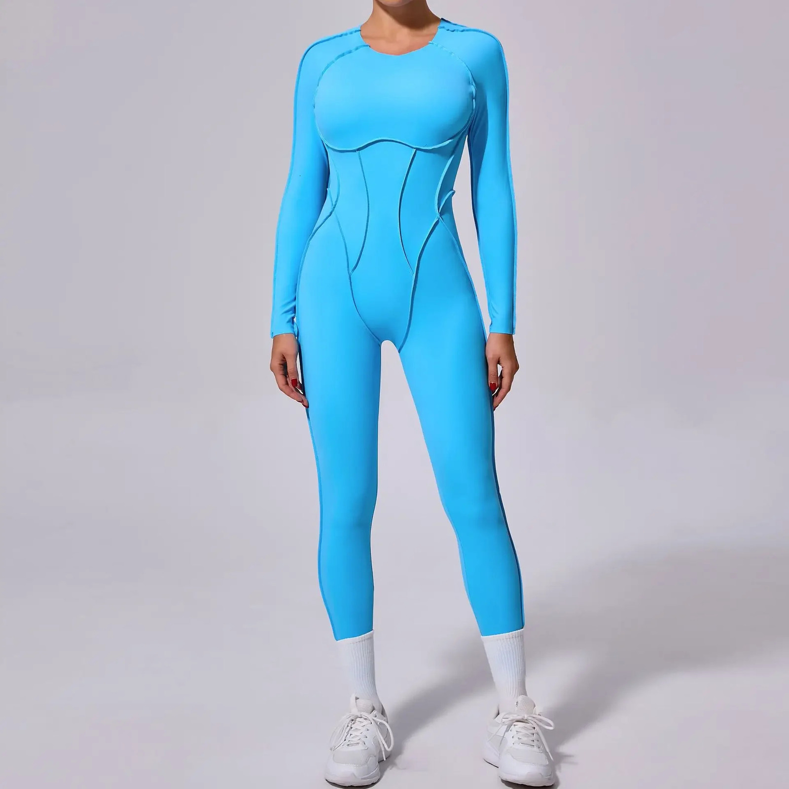 Fashionable and sexy hollow long sleeved sports jumpsuit with cup womens sportswear autumn onepiece gym workout suit fitness 241209