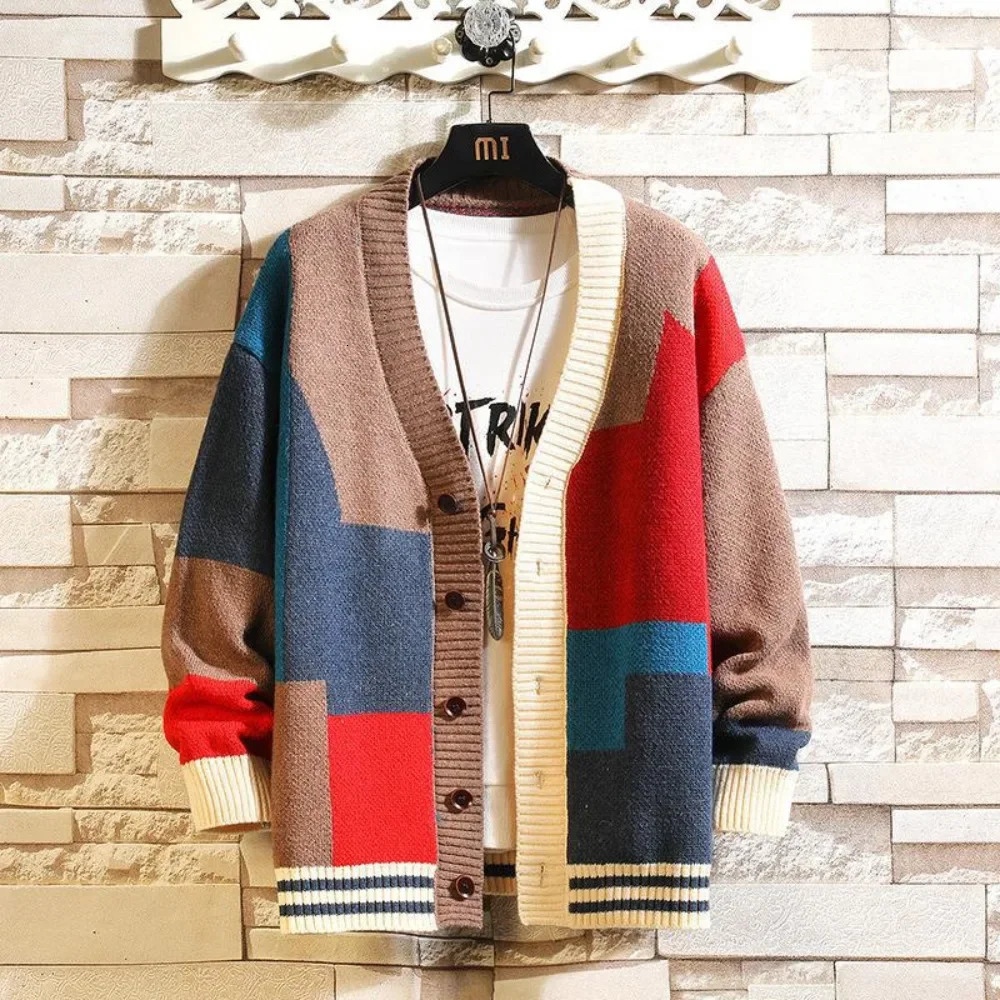 The mens colorful sweater cardigan splicing Vneck knitwear large size jacket 241209