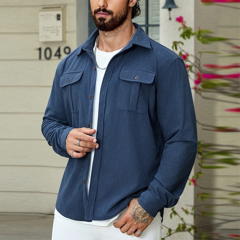 Mens casual Corduroy Cargos pocket shirt button lapel long sleeved solid color texture retro streetwear S3XL 241209