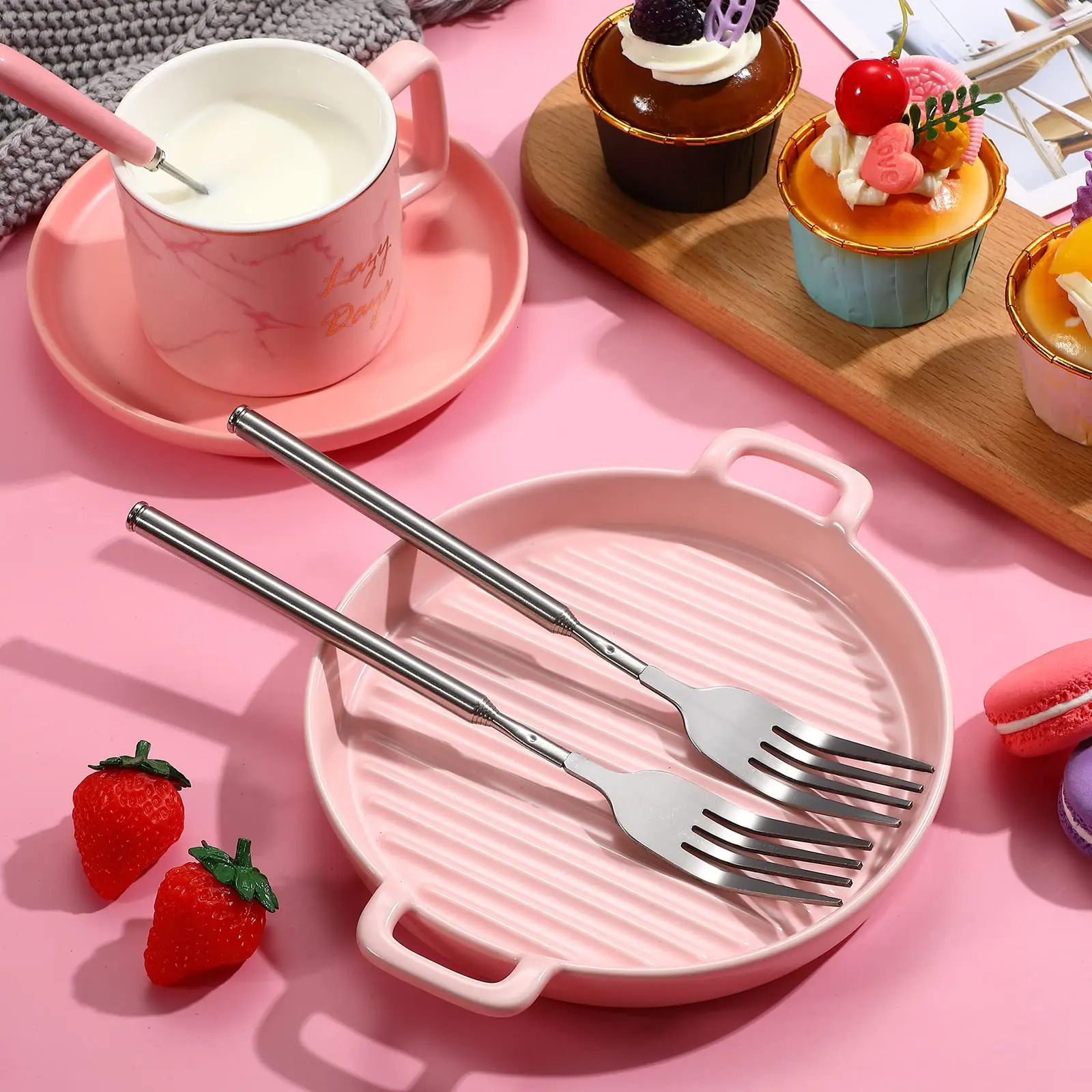 Stainless steel telescopic fork kitchen tool long handled barbecue tableware dinner fruits desserts baking 241209
