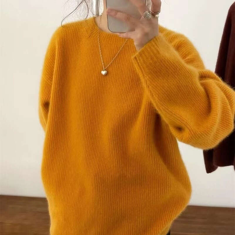 Autumn New Round Neck Women with Lazy Style Solid Color Comfortable Loose Knitted Bottom Shirt and Hooded Top for Foreign Trade