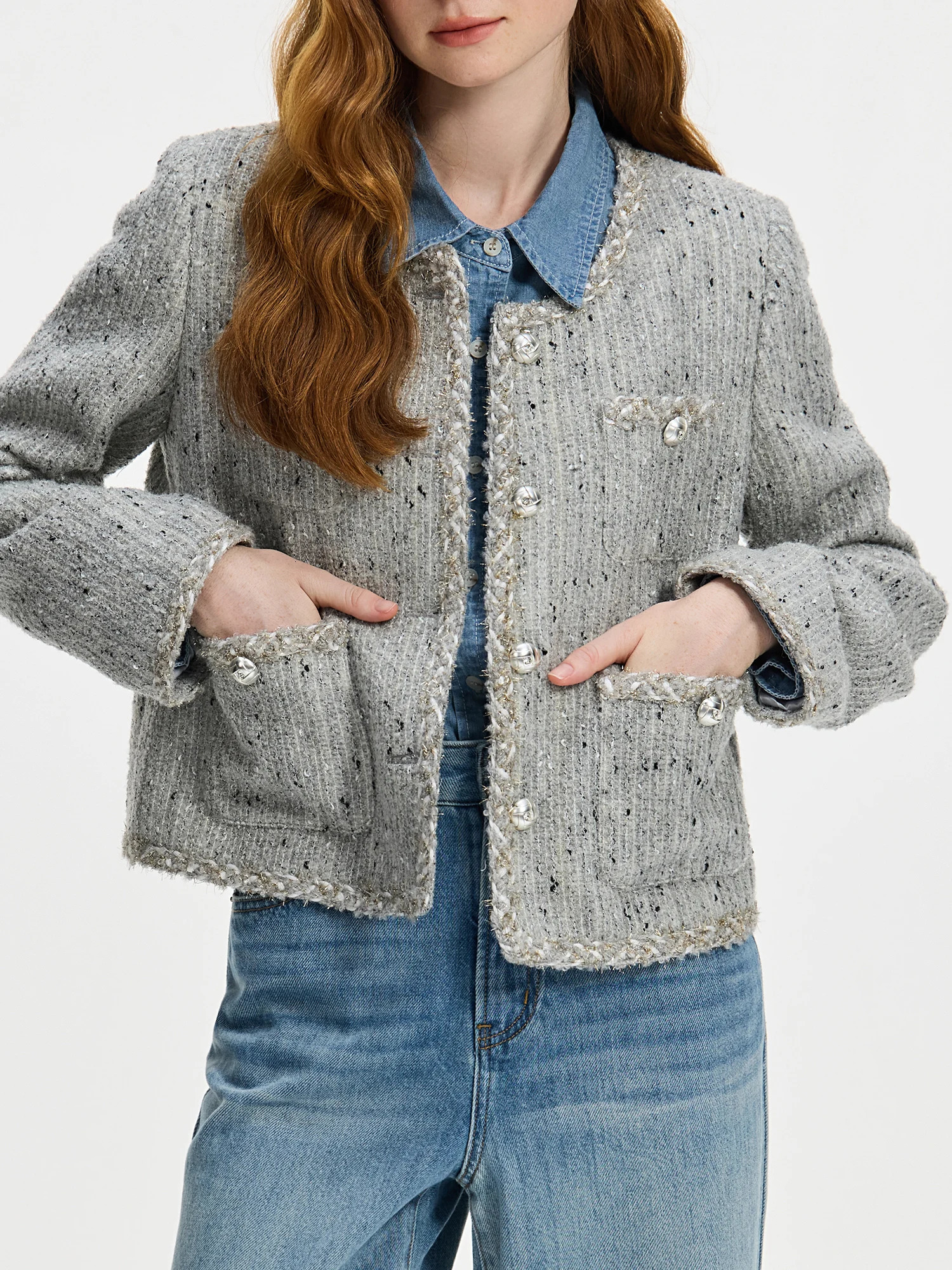 FSLE 333% Wool Women Grey Tweed Jacket Round Neck Temperament Short Coats Winter Thicken 24FS14422 241209