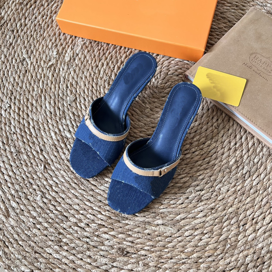 Women Designer High Heel Designer Sandals Slipper Embroidered Printed Stiletto Heels Leather Round Toe Flip-Flops Summer Denim Mule Sandal
