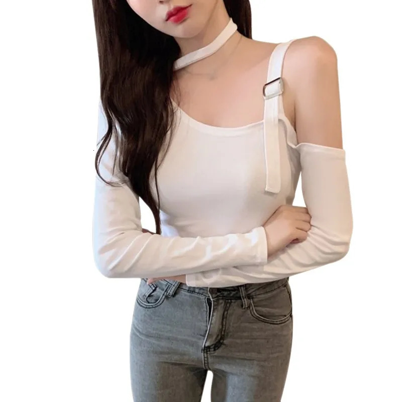Womens asymmetrical single shoulder cut Tshirt with top hanger long sleeved 241209