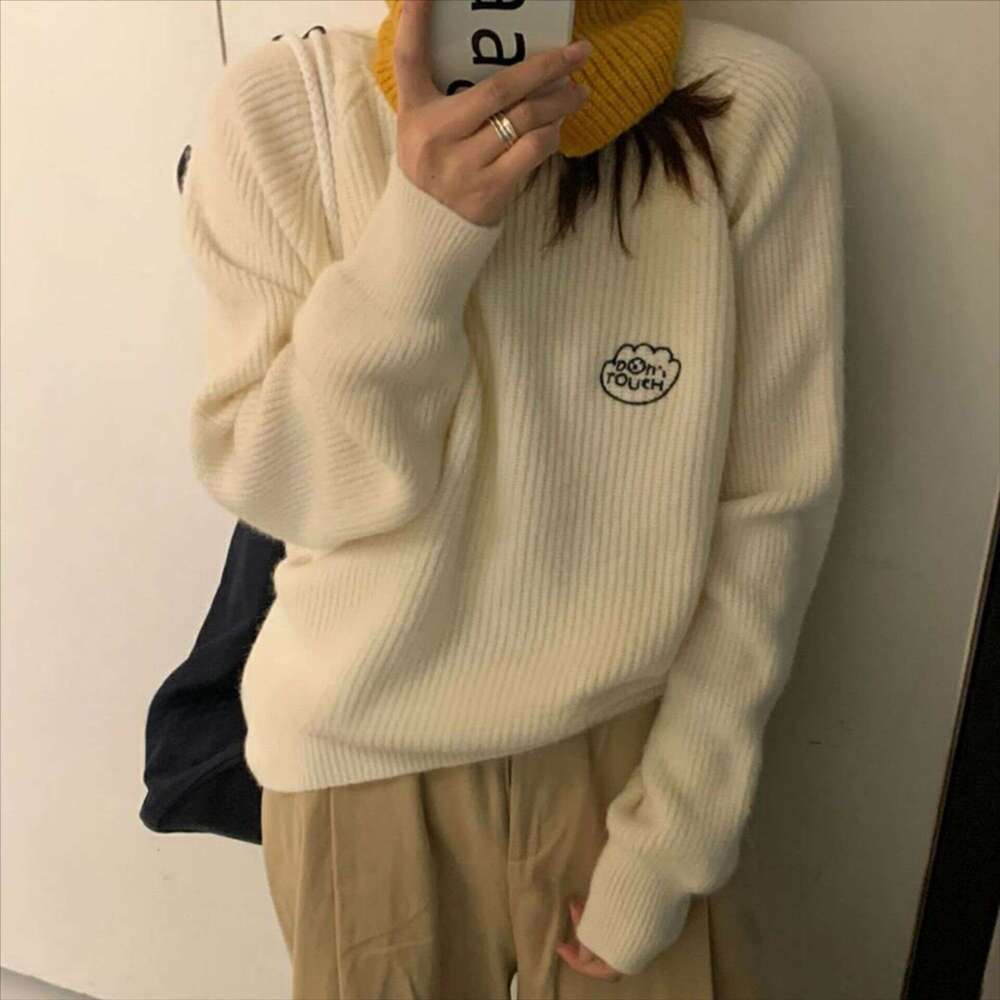 French long sleeved knitted sweater with minimalist design, embroidered round neck raglan sleeves, women's autumn and winter new loose top