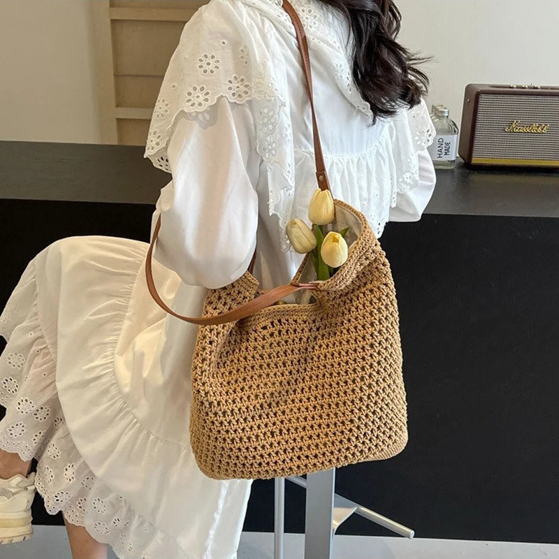 Elegant Cotton Knitted Shoulder Stray Wallet Website Handmade Beach Travel Handbag Summer Shopping Grocery Shoulder Bag 241205