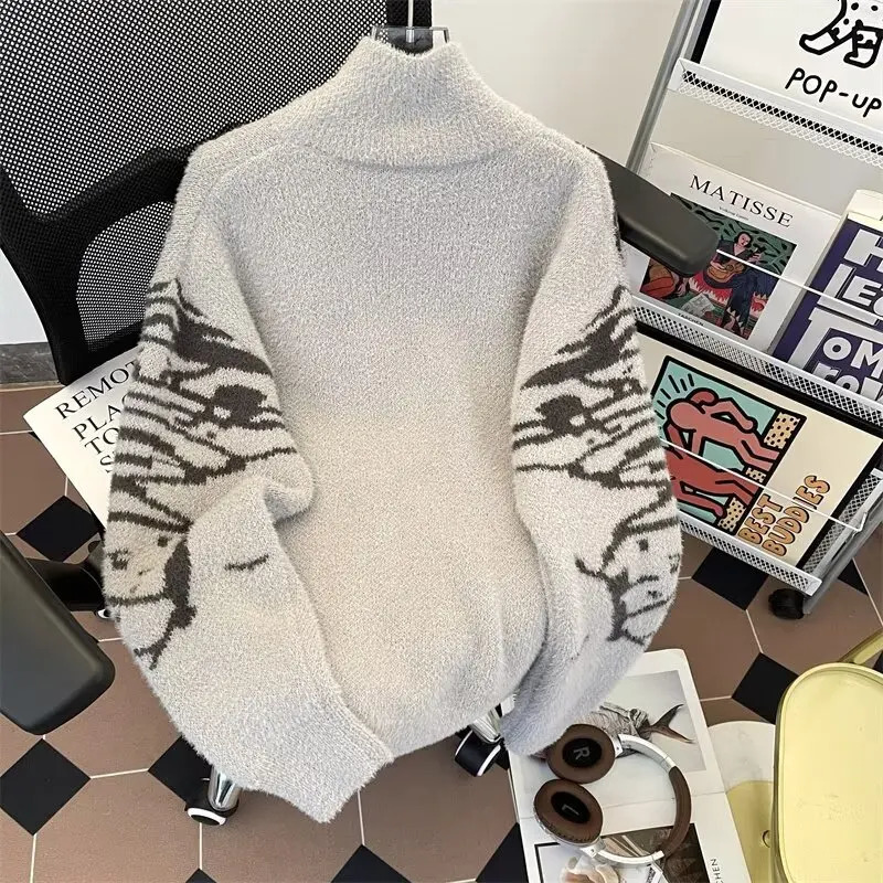 Y2k Harajuku Zipper Open Fleece Sweater Mens Retro Butterfly Turtle Neck American Mink Soft Lazy Style Sweater Jacket 241205