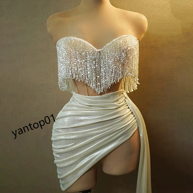 dress casual dresses gold rhinestones fringes short dress women dance show performance evening party stage costume birthday celebrate designer dress 2